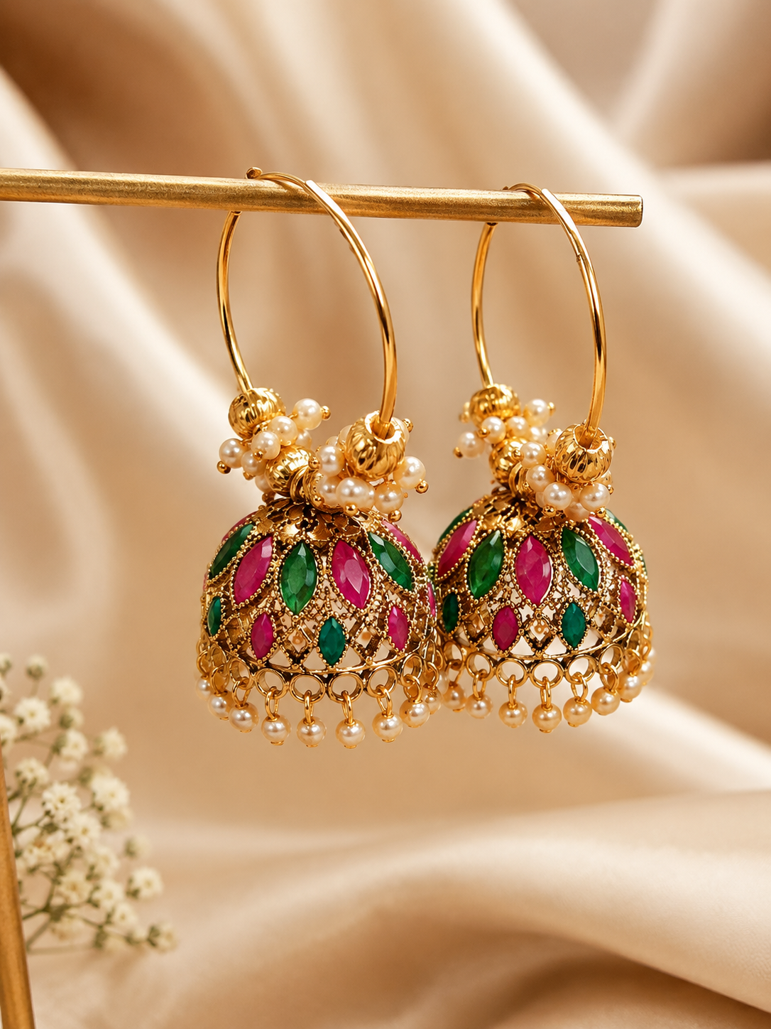Green & Pink Hoop Jhumka Earring