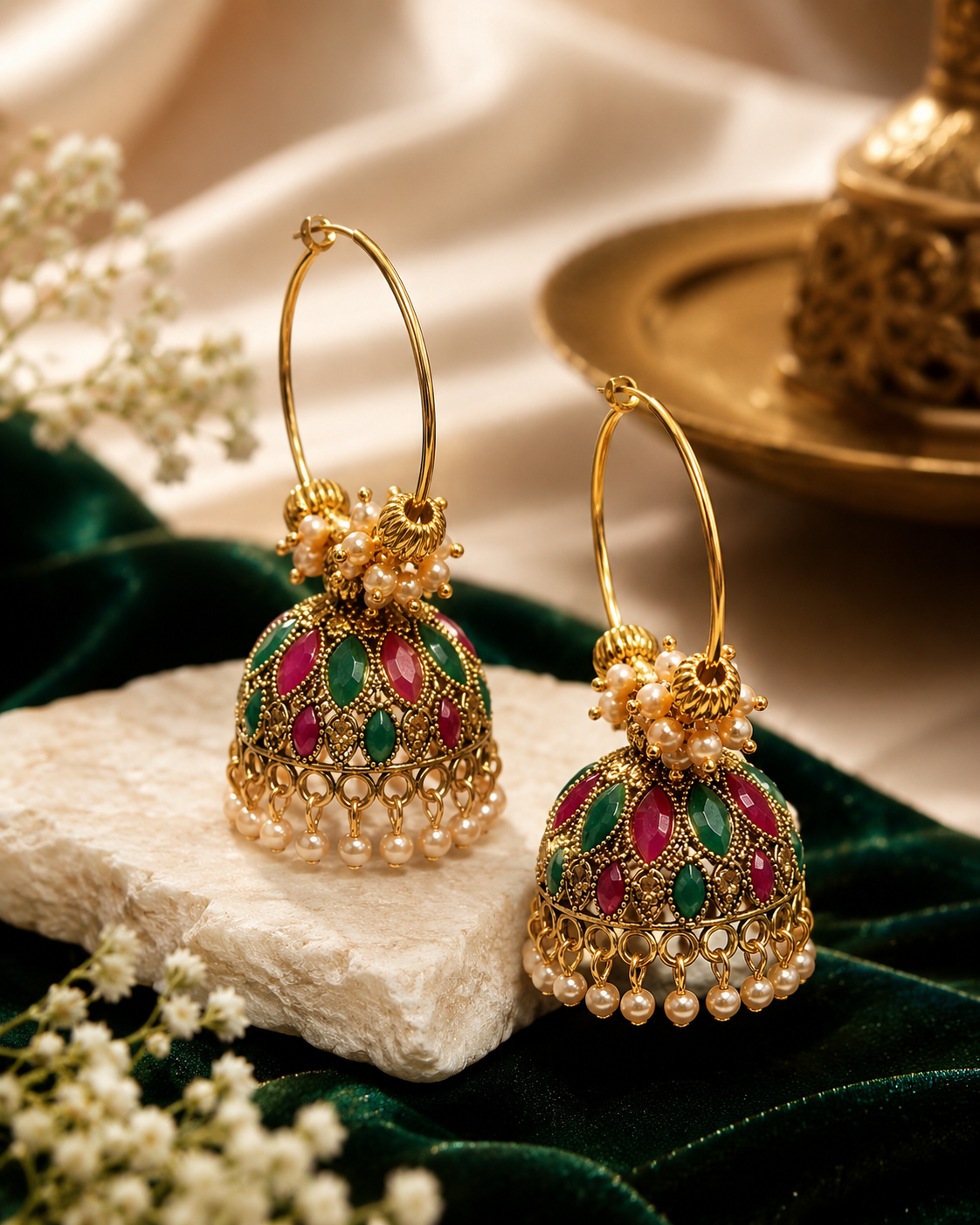Green & Pink Traditional Hoop Jhumka Earring