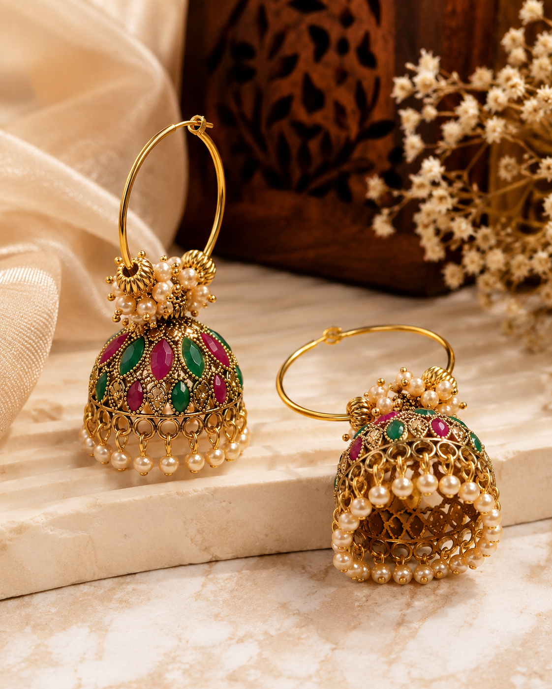 Green & Pink Traditional Hoop Jhumka Earring